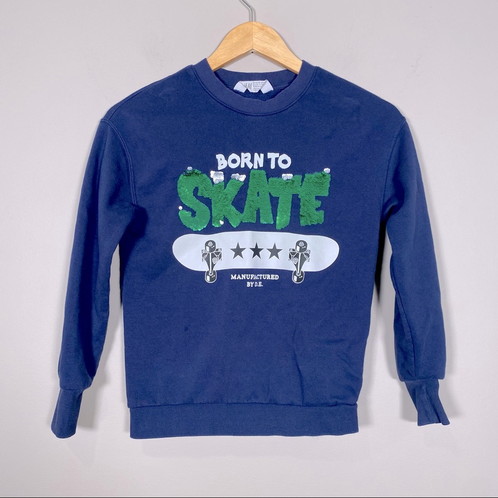 8 H&M Boys long sleeve navy sweatshirt with flipped sequins Born to Skate size 8